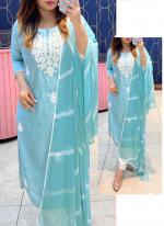 Roman Silk Sky Blue Traditional Wear Chikankari Work Readymade Kurti Set